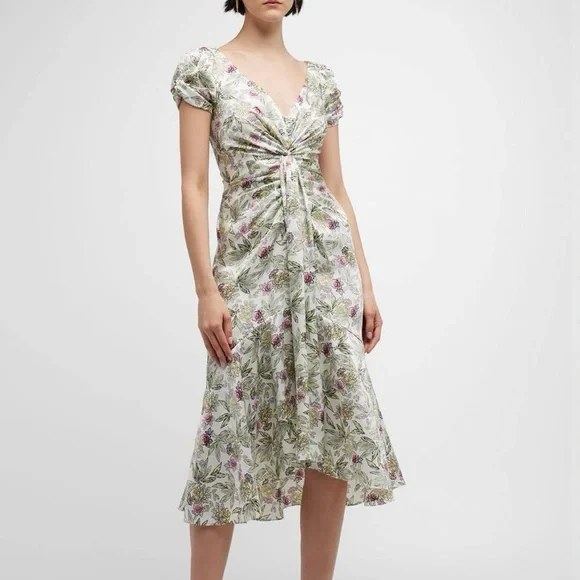 slim fit dress slacks 5a7 Cinq A Sept Size 8 Gray, Pink, Green Polyester Mock Neck Floral Dress main image 1